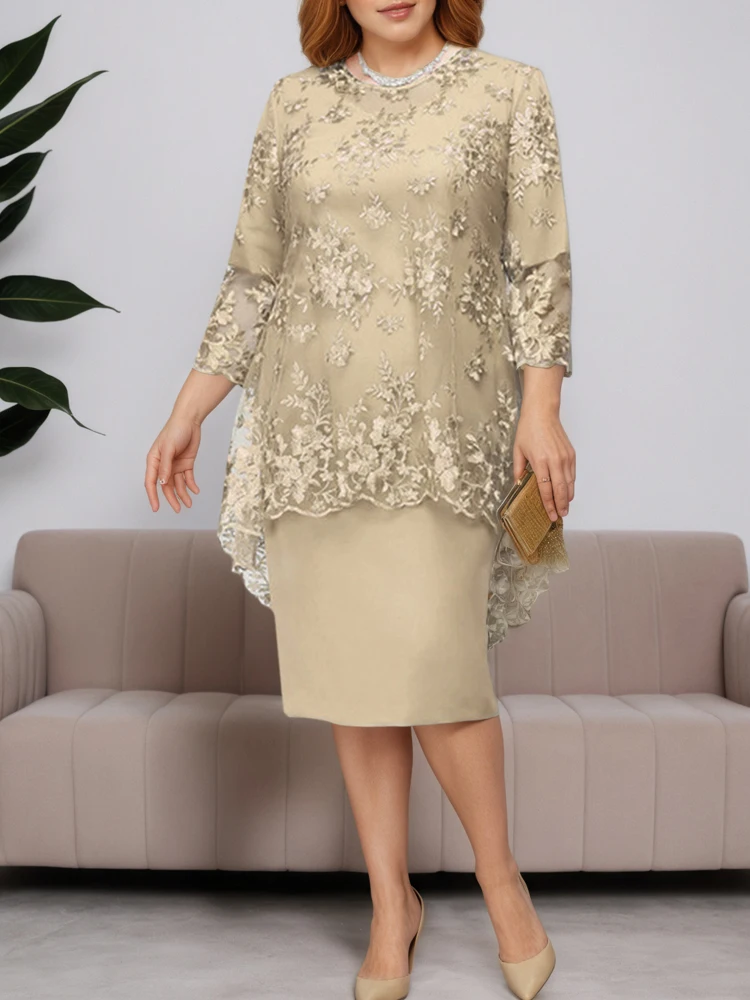 

FSTDCY Elegant Lace Embroidery Two-Piece Mother's Dress O-Neck High Waist Oversized Evening Gown Skirt Lady Party Wedding Dress