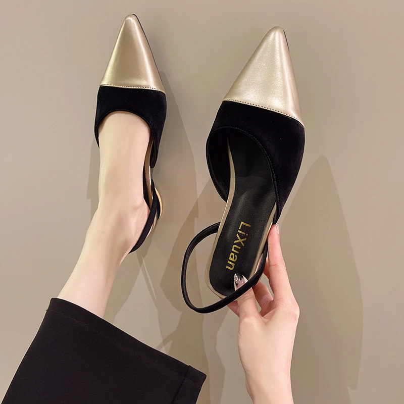 2022 nowe letnie damskie czółenka Pointed Toe Back sandały Slingback damskie obcasy elegancki wygląd Colorblock damskie sandały