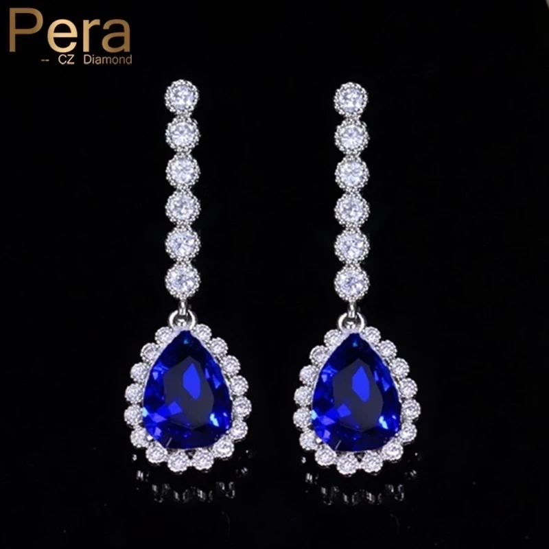 Pera-pendientes largos de circonita cúbica de gota de agua grande para mujer, joyería clásica de Color plateado, Color azul real, para fiesta de compromiso nupcial, E328