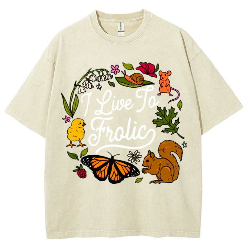 Hamster Butterfly Squirrel Flower Wreath Print T-Shirt Old Trend Oversize Neutral Style Round Neck Sleeve Short Sleeve