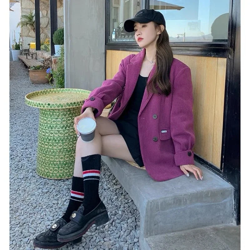 Corduroy Blazers Women Solid Color Long Sleeve Double-breasted Notched Loose Office Lady Suits Versatile Daily Short Coat Female