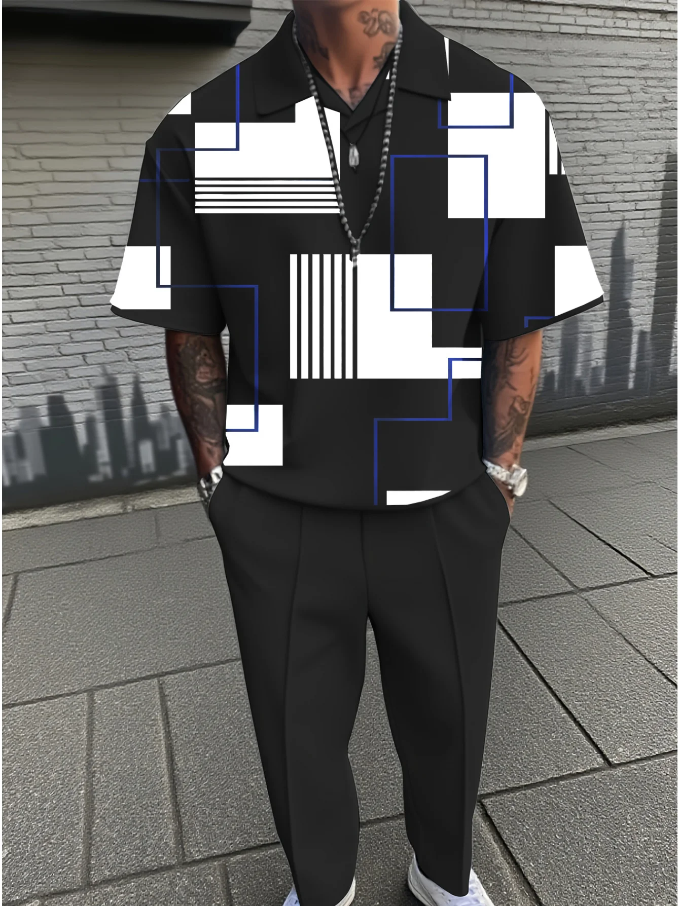 Only one top, pants not included-Men's polo shirt,geometric square print,daily street vacation short sleeve tops