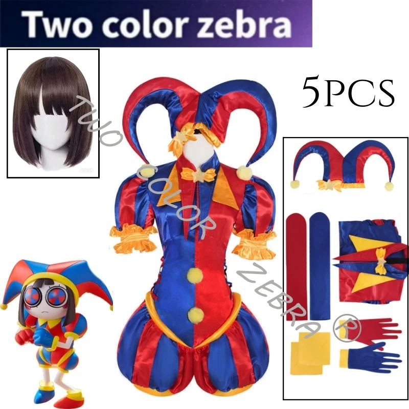 

Digital Circus Pomni Cosplay Costumes Women's Red Blue Clown Suit Matching Hat Pom Poms Wig Halloween Carnival Party Roleplay