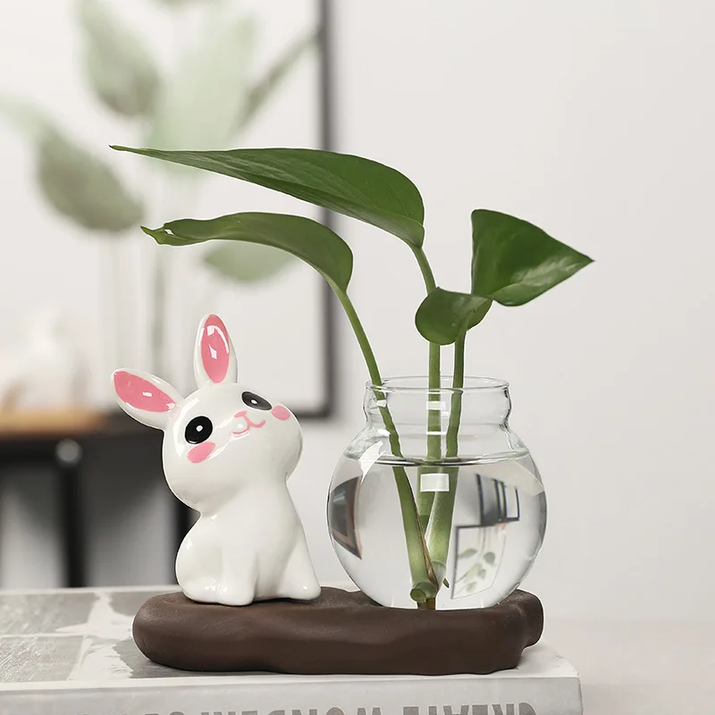 Cute Rabbit Panda Hydroponic Plant Vases Transparent Glass Vase Tabletop Decoration Aquatic Flower Bottle with Wooden Base
