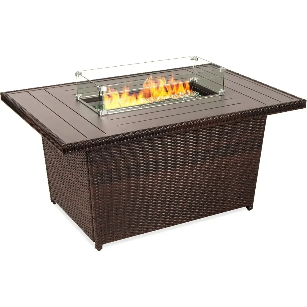 Propane Gas Fire Pit Table with Aluminum Tabletop and Glass Wind Guard Clear Glass Rocks & Cover Outdoor Heating Wicker Fire Pit