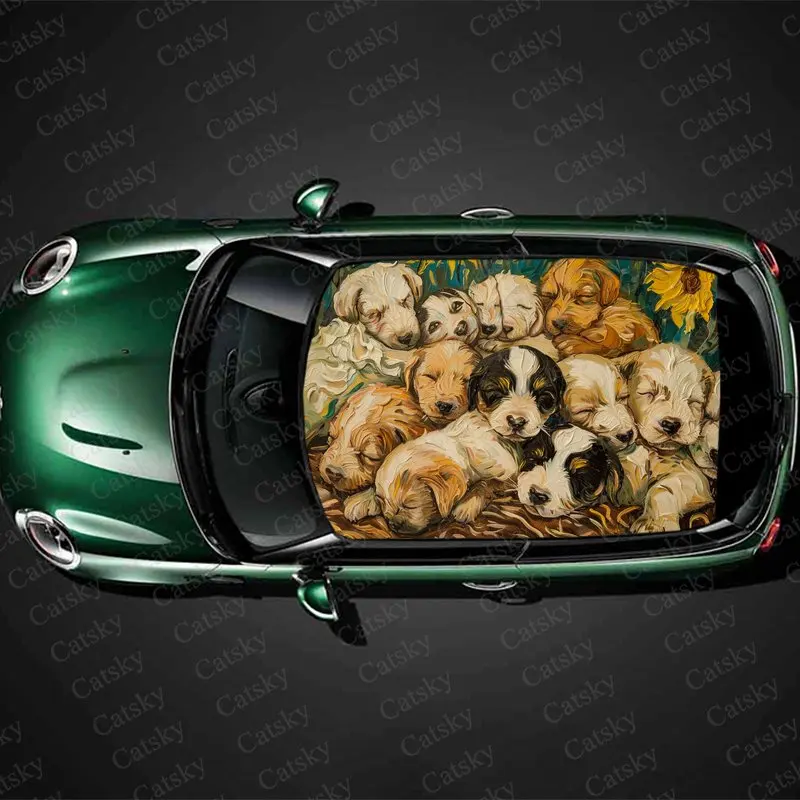 Dogs Crowded Together To Sleep Print Car Roof Sticker Wrap Racing SUV Auto Accessories Packaging PVC Car Hood Graphic Decal