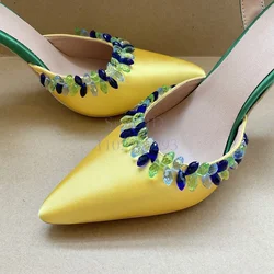 Crystal Pointed Toe Thin High Heels Pumps Satin Yellow Elegant Stilettos Sandals Slip-on 2025 Women Summer Vintage Dress Shoes