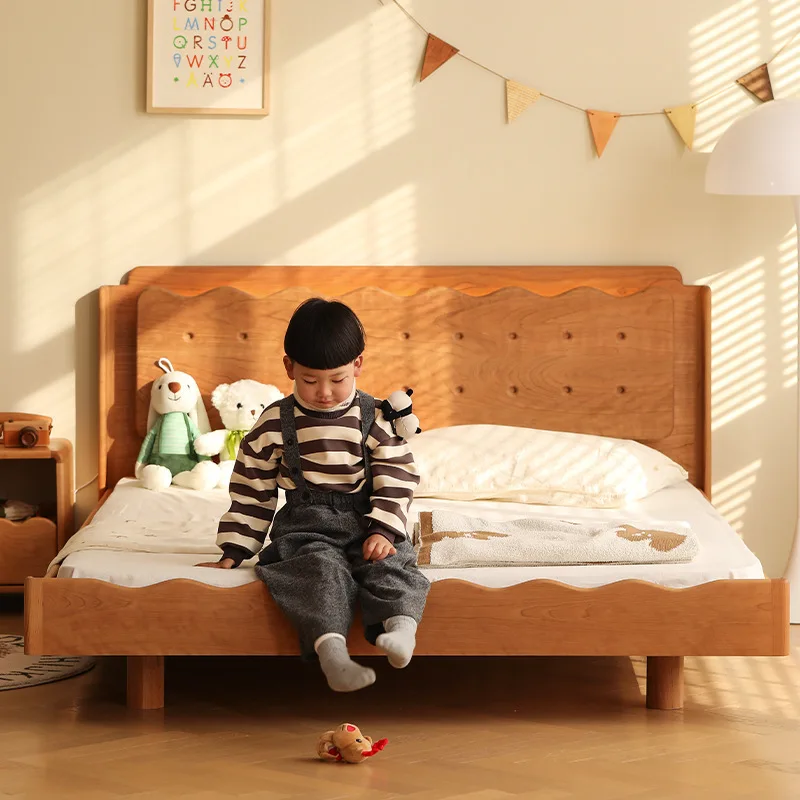 Nordic simple full solid wood double bed boy girl North American cherry wood furniture single small bed cookie bed