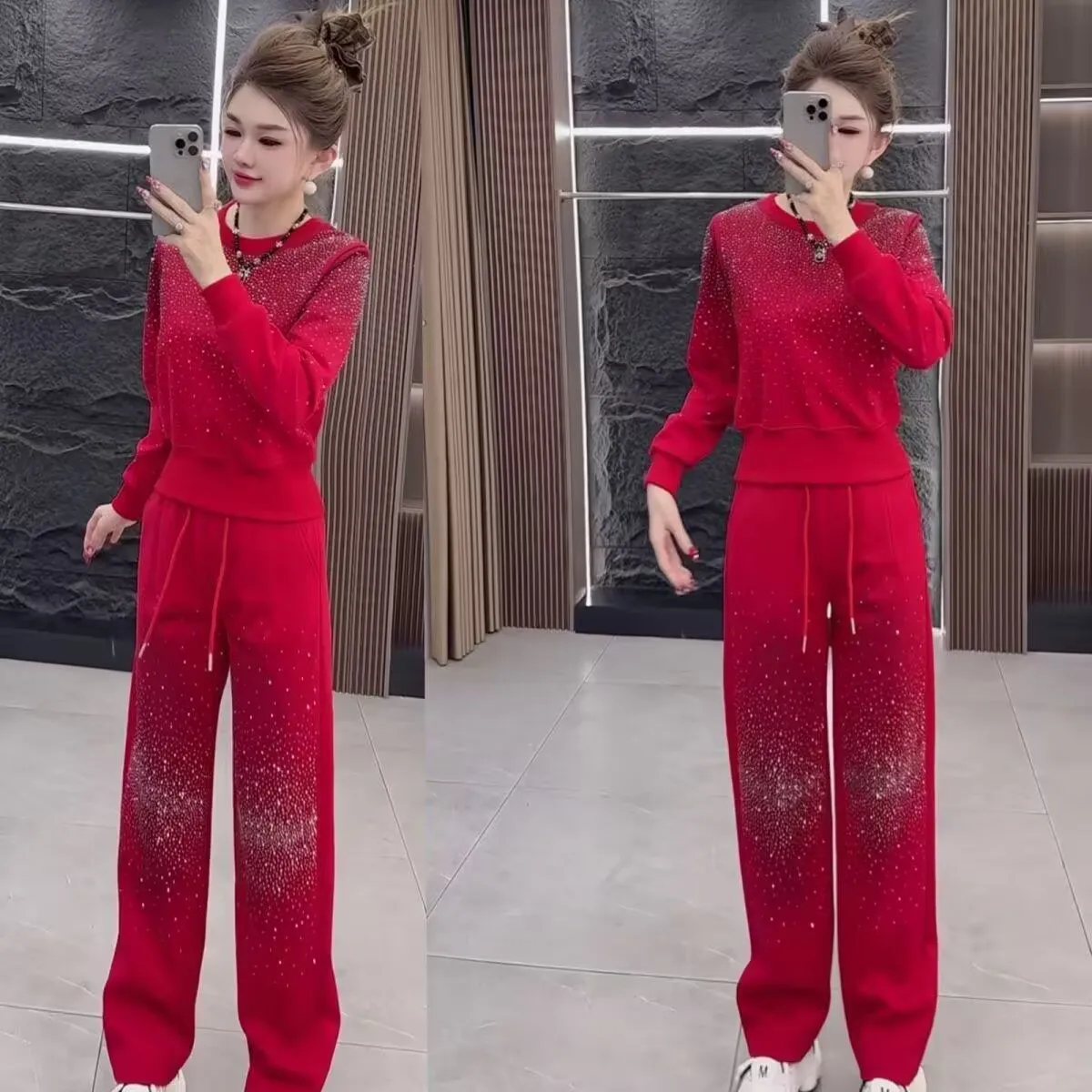 Fashionable Cotton-Like Twill Stretch Set Women's Spring Autumn Diamond Embellished Long Pants Two-Piece Casual Sportswear