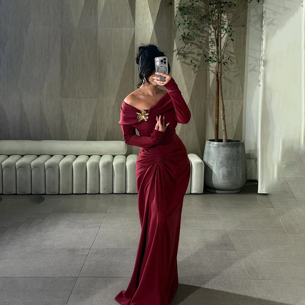 

Burgundy Evening Dress for Women Off The Shoulder Long Sleeves Sequin Jersey Mermaid Evening Gowns Long Party Dress Customized