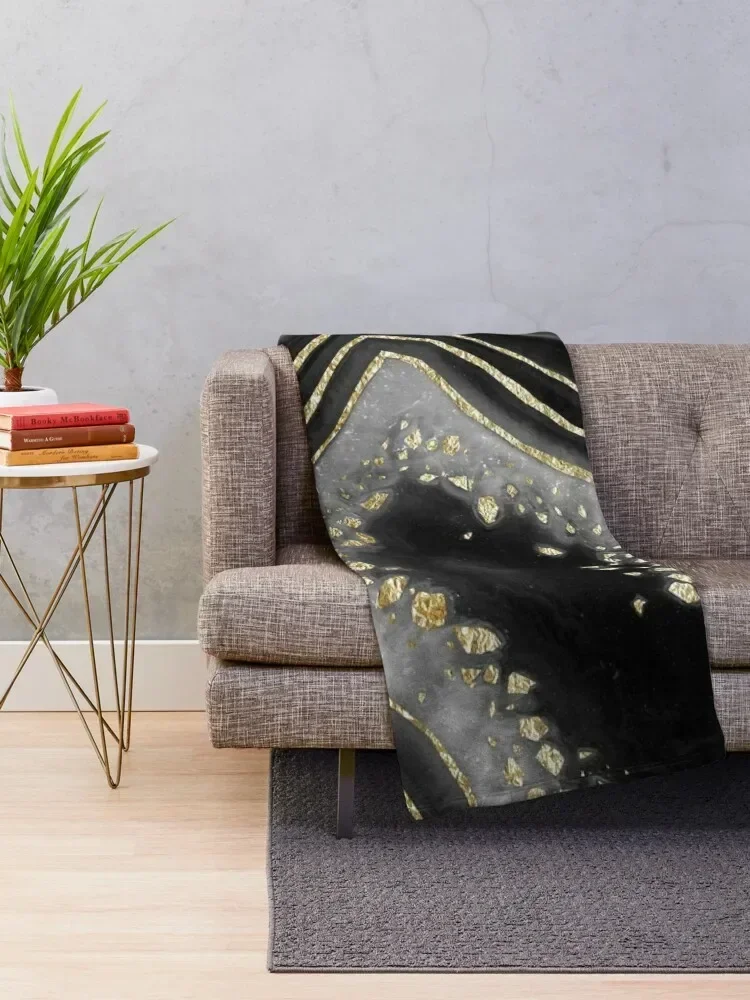 Black Night Agate Gold Foil Glam #2 #gem #decor #art Throw Blanket anime Warm funny gift Blankets