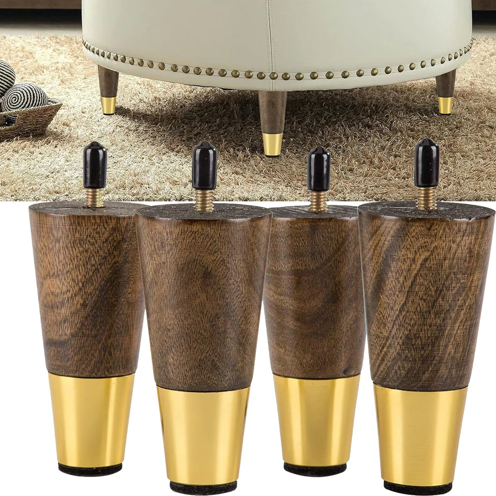Wood Furniture Leg Sofa Legs Brown Round Tapered Mid-Century Modern Feet with Brass Base Replacement Legs