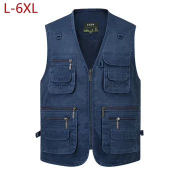 L-6XL chaleco de algodón con múltiples bolsillos para hombre, chaquetas informales sin mangas con muchos 14 bolsillos, chaleco para fotografía al aire libre, talla grande
