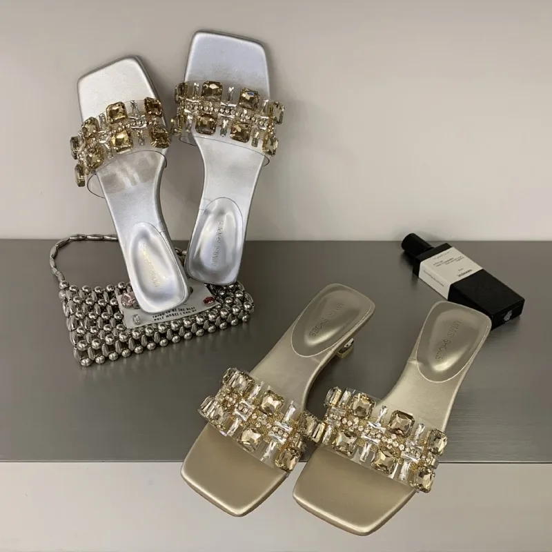 

Luxury Women's Slippers Summer Rhinestone Open Toe Slippers Designer French High Heels for Women Fashion Slippers Zapatos Mujer