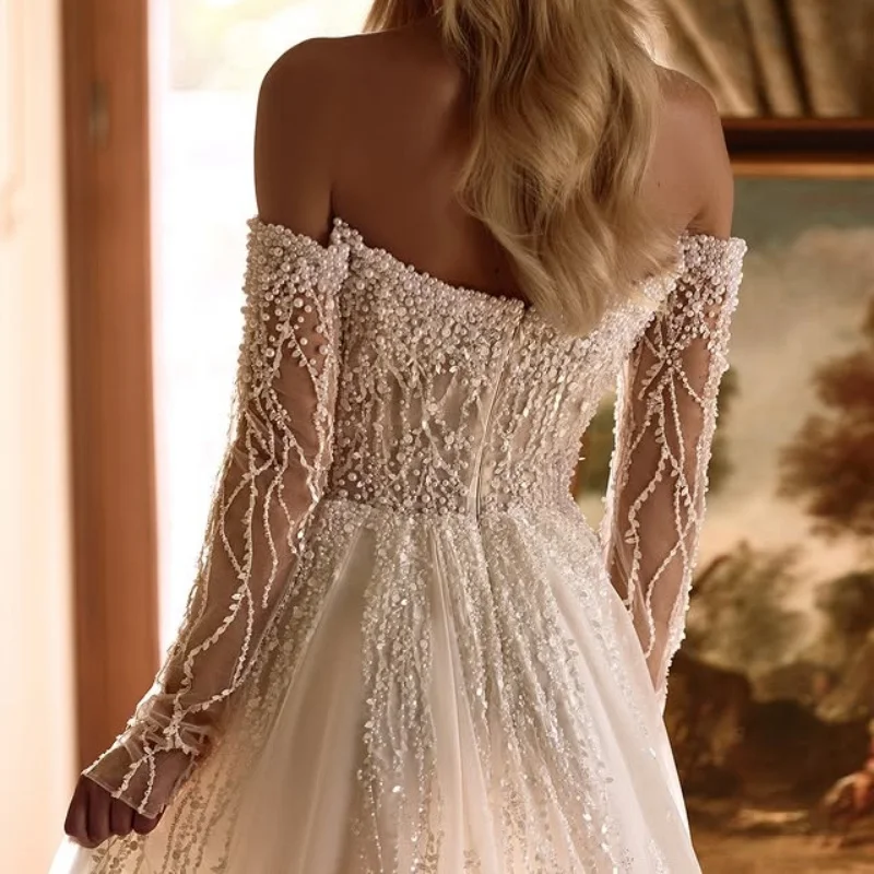 White Wedding Dresses of off-shoulder A-line glitter decal Pearl jewelry Bridal Gowns Made Customized