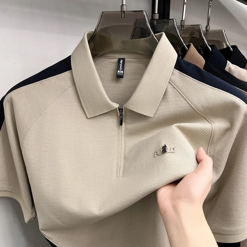 Unique color blocked short sleeve polo shirt high-end brand letter embossed men summer Korean fashion casual sport youth T-shirt
