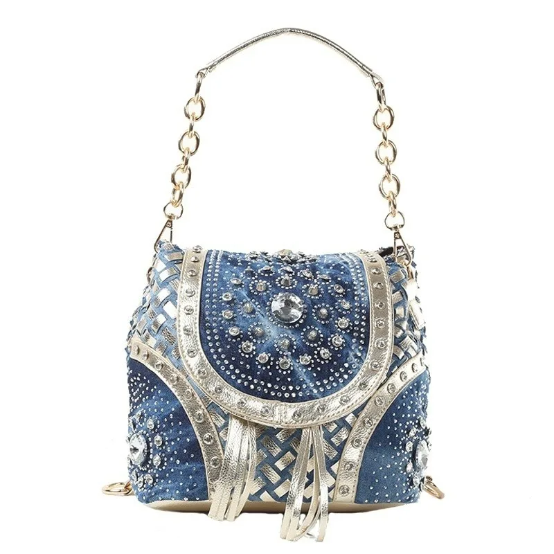 Multifuctional Denim Women Backpack Handbag Jeans Bags with Diamonds Shoulder Bag Mini Cute Tote Bag