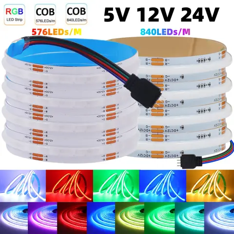 4Pin 10mm PCB RGB COB LED Strip Light 5V 12V 24V DC RA90 576 840 LEDs/m High Bright Colorful Flexible Linear Tape Bar Lighting