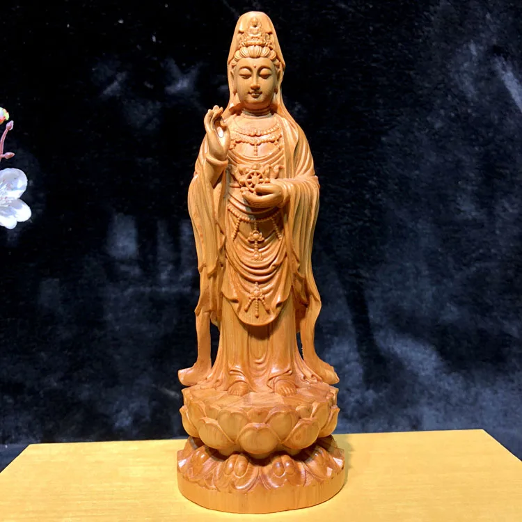 20cm # 2020 office home efficacious Talisman Protection High-grade Wood carving Lotus Guanyin buddha handicraft Sculpture statue