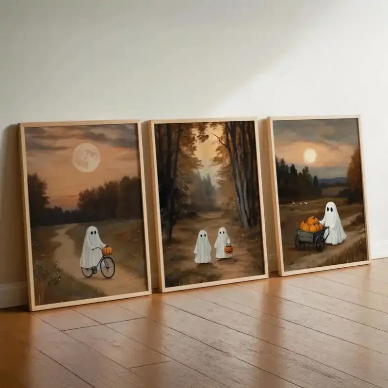 Cute Pumpkins and Ghosts Autumn Canvas Prints Couple Ghost Love Halloween Wall Art Posters for Modern Living Room and Home Decor