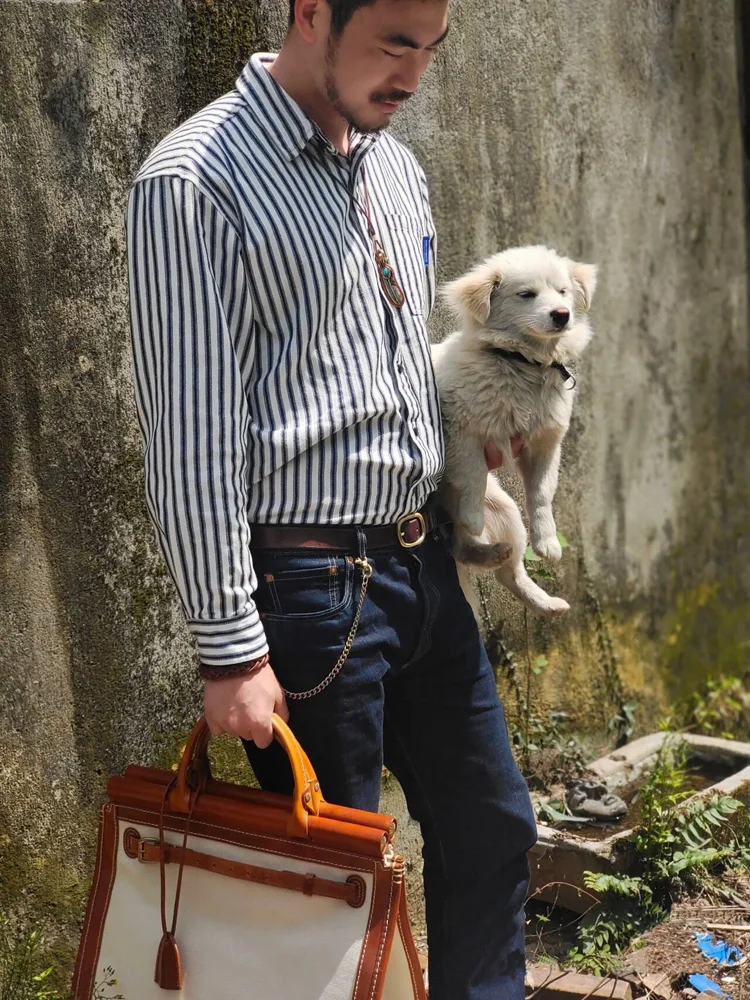 

Retro Japanese Artistic Style Loose Long Sleeve Men's Shirt Casual Loose Cotton Stripe Patterned Button up Autumn Shirt