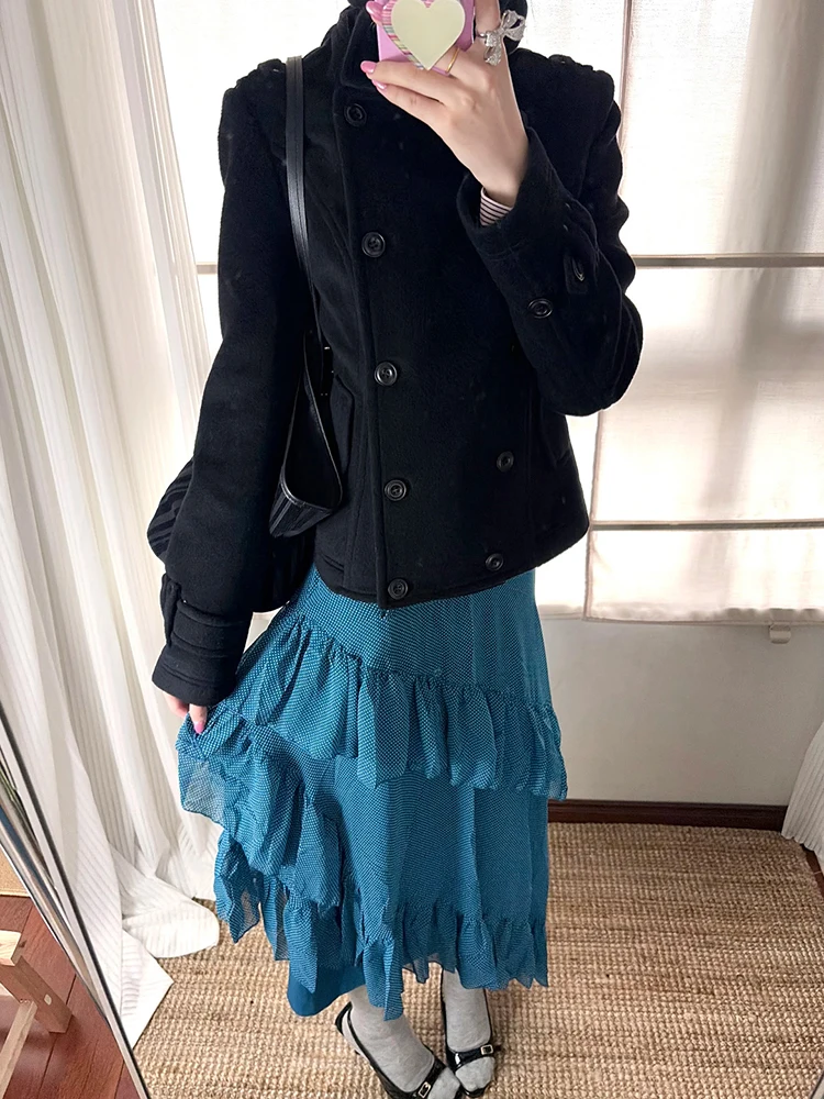 Women's stand-up collar double-breasted short wool coat with waist cinch for slimming effect, motorcycle-style woolen short coat
