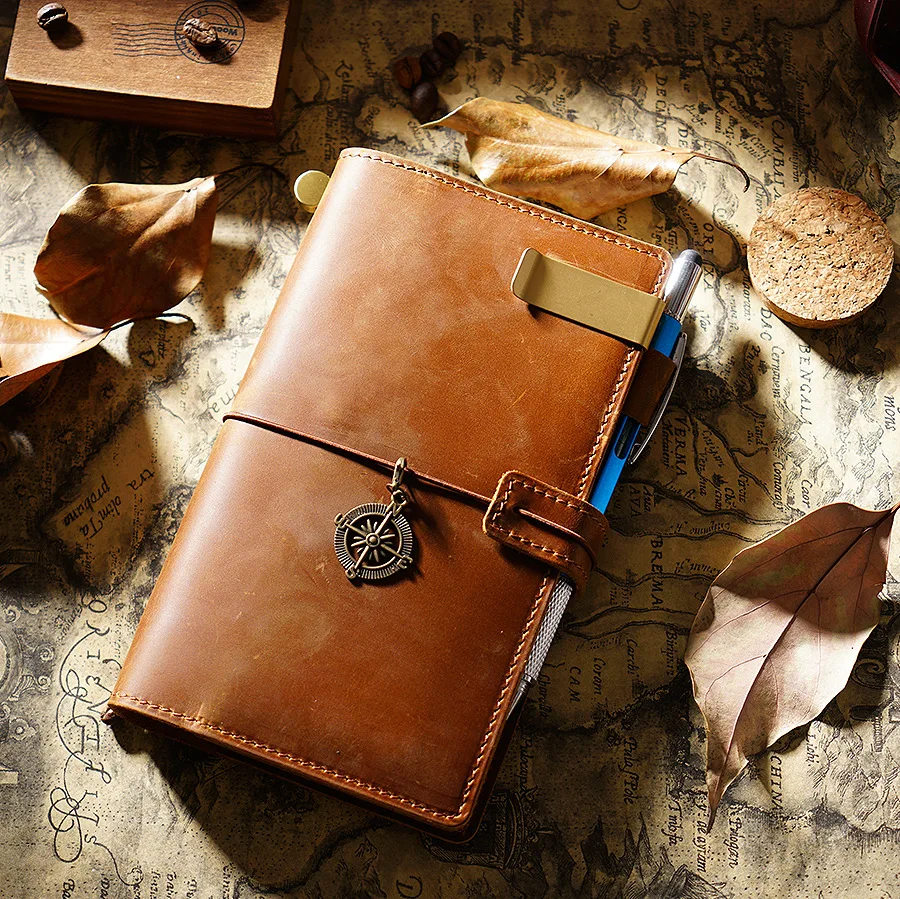 Ręcznie robiony skórzany dzienniczek podróżny w stylu Vintage funkcja przechowywania ekskluzywny prezent notebooka ze skóry bydlęcej w stylu Retro
