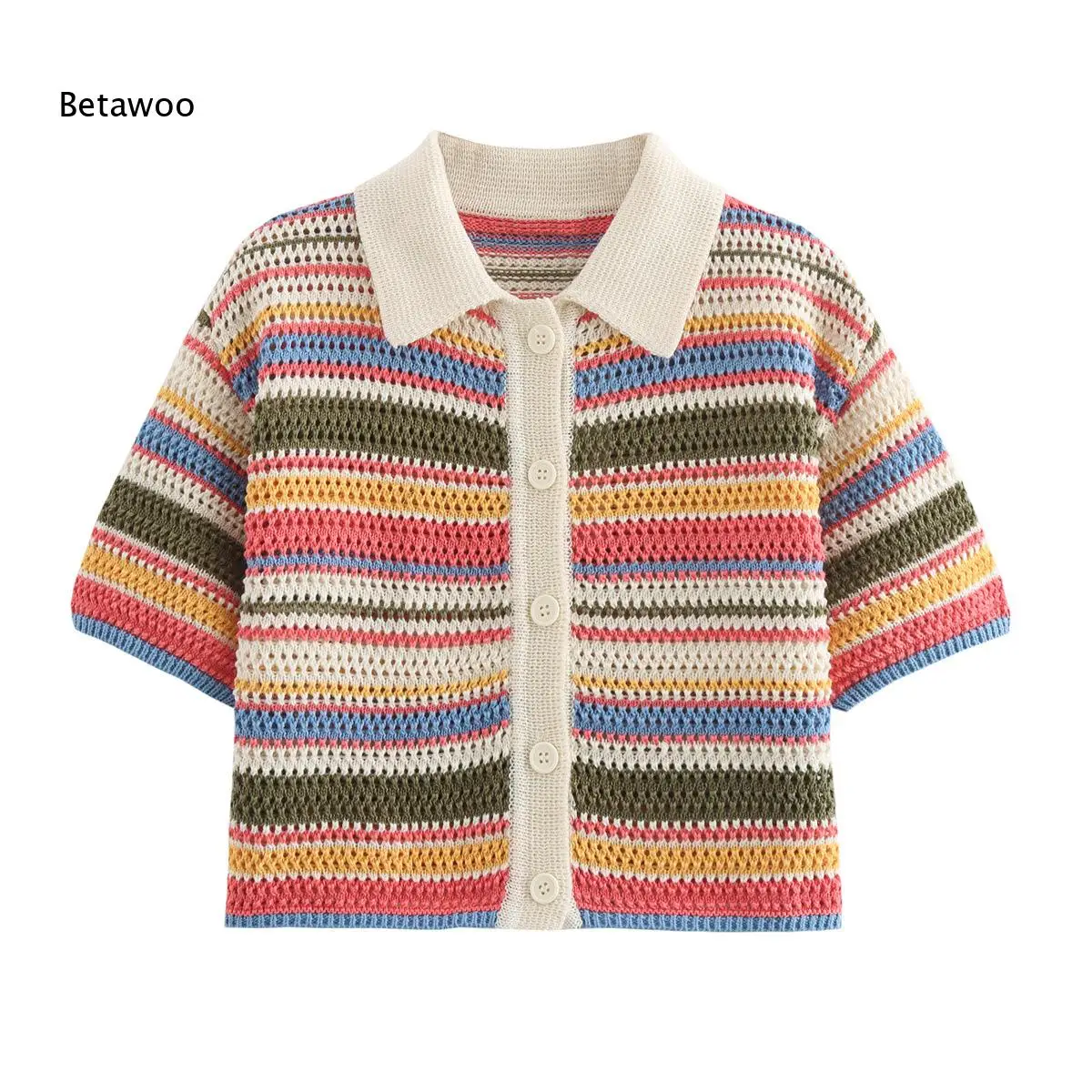 Horizontal Rainbow Stripe Hollow Matching Outfit Polo Neck Short Sleeve Top Elastic Waist Short Pant Set