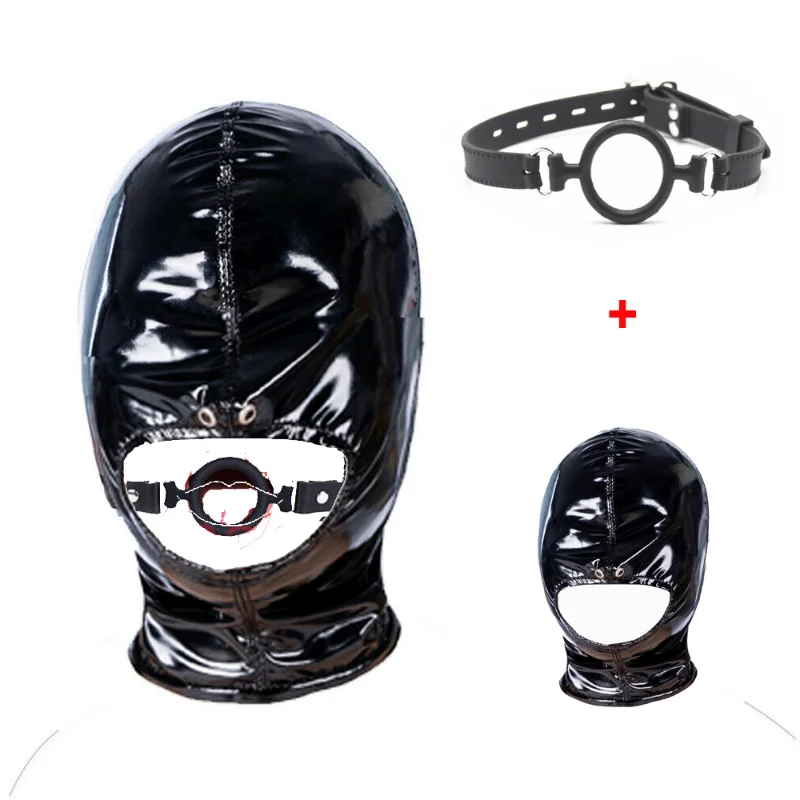 Patent Leather Headgear Open Mouth Head Harness Hood with Zipper BDSM Bondage O Ring Open Mouth Gag Set Adult Sex Toys