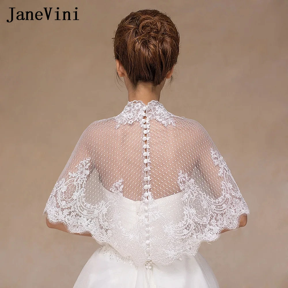 JaneVini-Chal elegante De encaje De marfil Para mujer, chaqueta De novia, Bolero con botón, encogimiento De hombros, Chal De Fiesta Para Boda