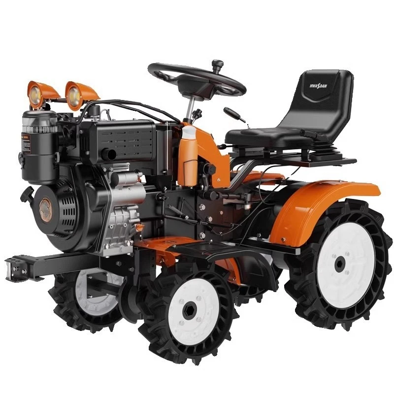 Four-wheel drive small ride-on diesel micro-tiller cultivator, soil loosening and ditching, high-horsepower rotary tiller