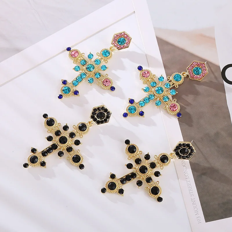 Colored diamond stud earrings Bohemian ethnic style alloy diamond-encrusted cross earrings female source
