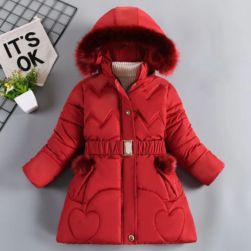 

2023 Children's Jacket Winter Long Coat for Girls Overcoat Color Fur Collar Warm Down Jacket Cotton Girl Hooded Jacket CT130