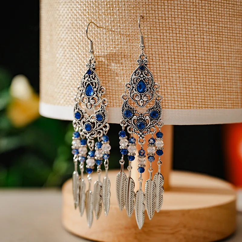 Boho Vintage Leaf Tassel Earrings For Women Geometric Crystal Rhinestone Beads Handmade Beach Vacation Drop Dangle Jewelry Gift