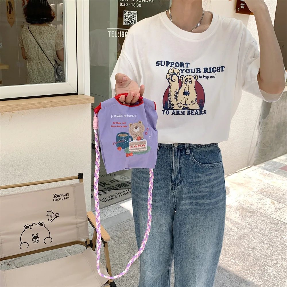 Mini Eco Bag Cartoon Bear Handbags Designer Rope Strap Crossbody Bags for Women Cute Cake Shoulder Bag Small Phone Flap Purses