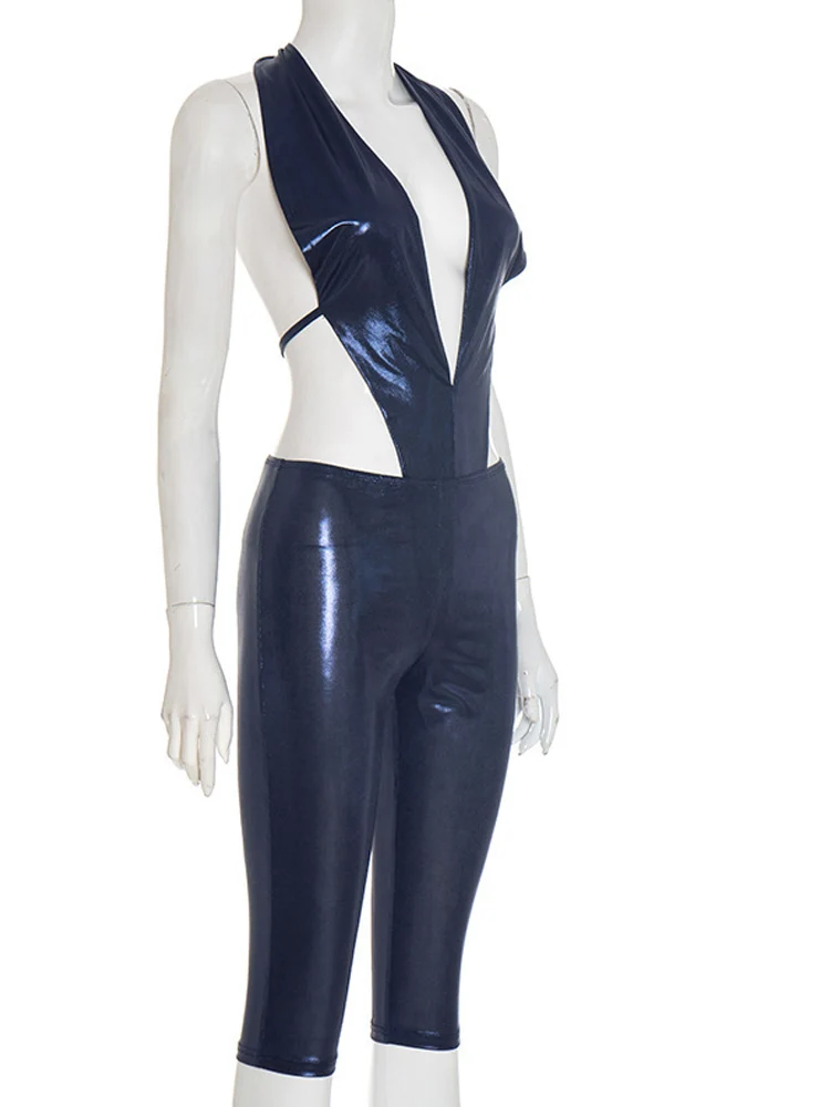 Beyprern Sexy Glanzend Metallic Bandage Twee Stukken Korte Set Vrouwen Solid Halter Mouwloze Halter Top En Shorts Suits Club Party