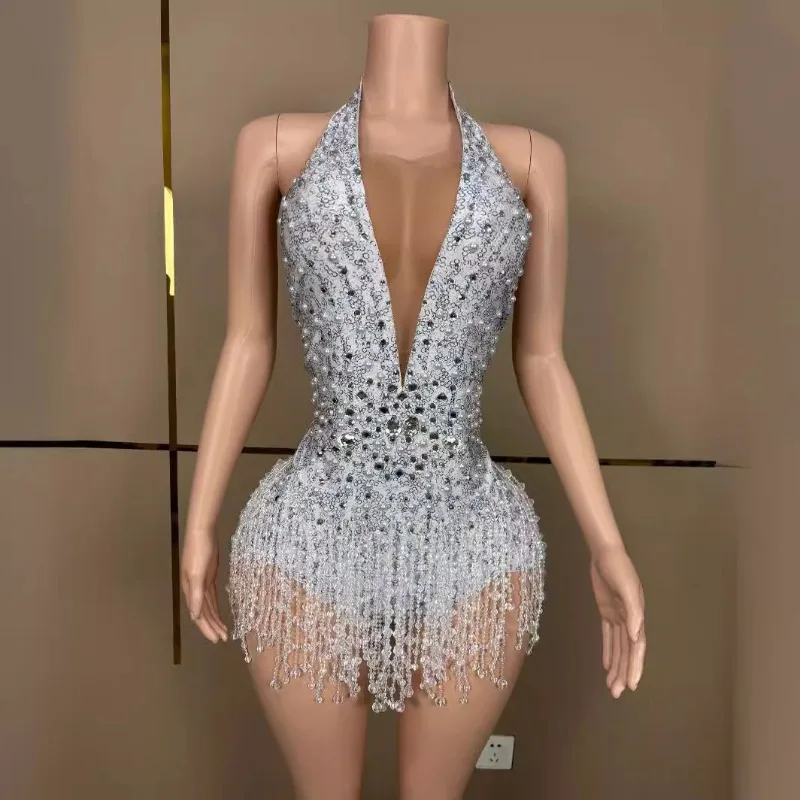 

customized pole stage bar latin dance performance sexy printed pearl bead chain crystal tassel jumpsuit bellydance