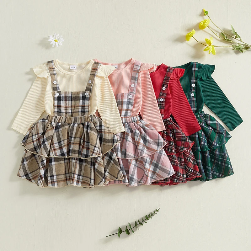 Kid Clothes Girls Toddler Children Outfits Solid Ribbed Crew Neck Tops Plaid Overall Dress Clothing Clothes