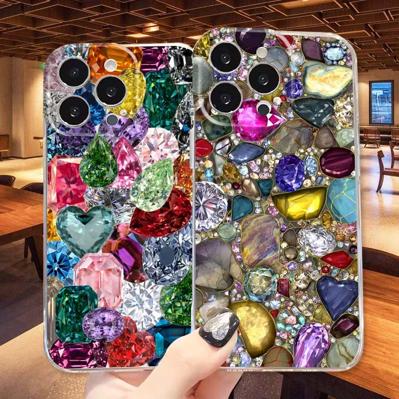 

Dazzling Gold inlaid Stones Phone Case For Apple iPhone 17 16e 16 15 14 13 12 11 Pro Max Plus Mini Soft Transparent