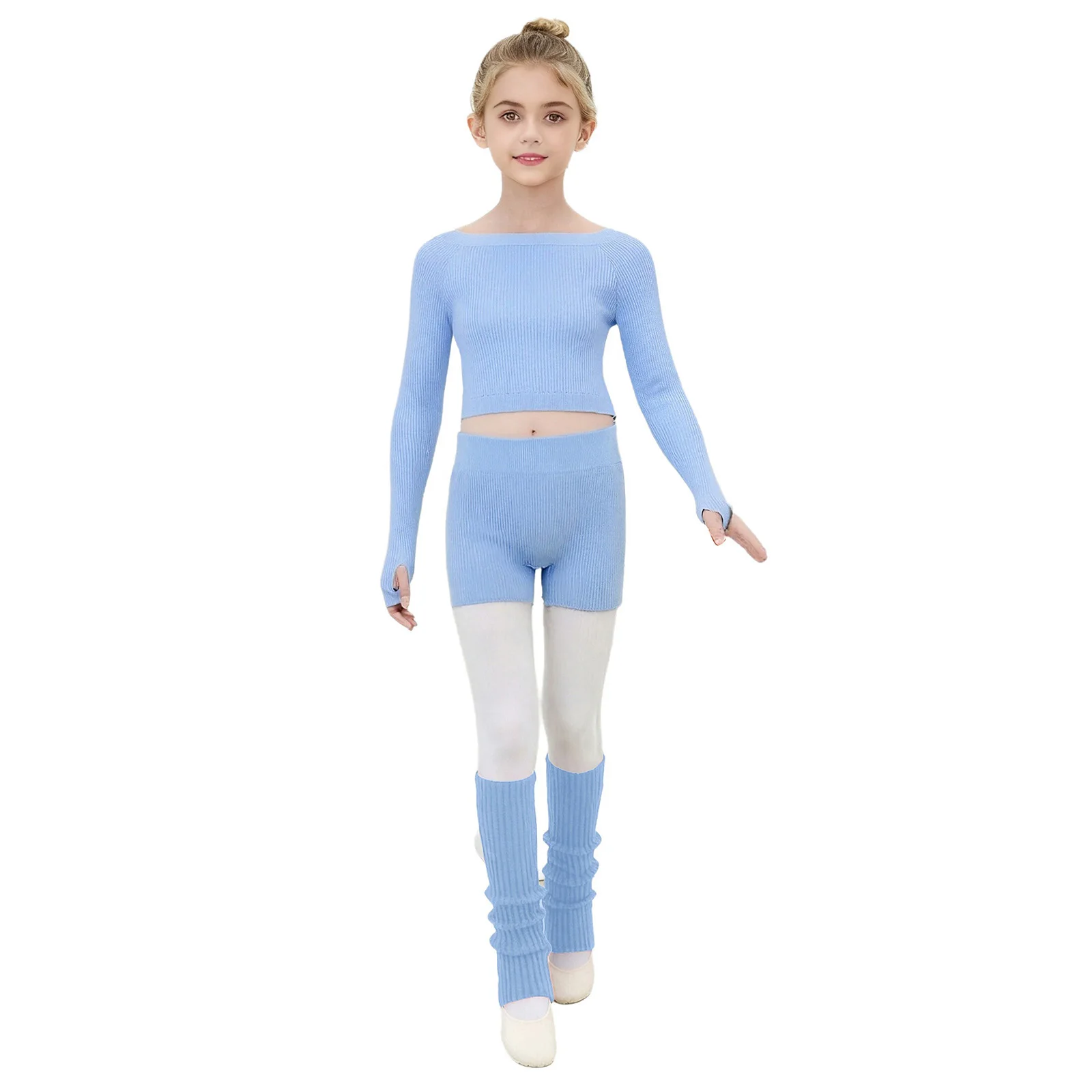 

Kids Girls Dance Training Knitted Outfit Ballet Practice Warm-Up Costume Long Sleeve Crop Top with Shorts And Leg Warmers