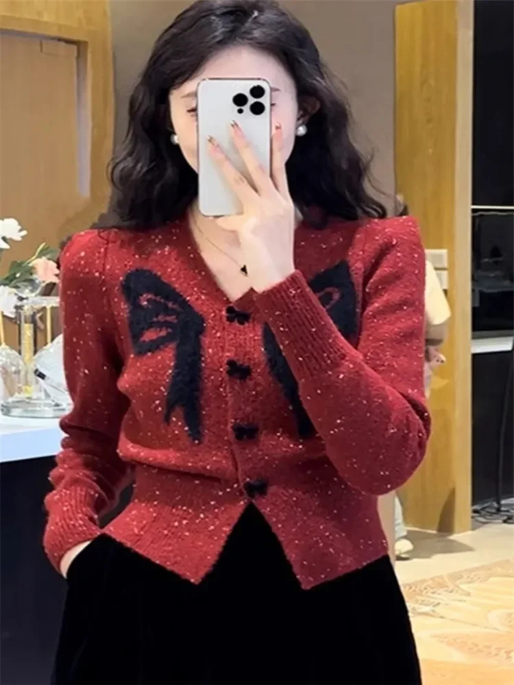 Black Red Pink Sweet Bow Knitted Cardigan Women New Fall Fashion V-neck Short Sweater Knitwear Long Sleeve Bottoming Top Coat