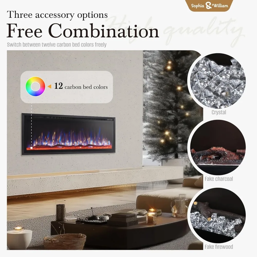 เตาผิงไฟฟ้าติดผนังพร้อมรีโมทคอนโทรล เครื่องทําความร้อน Fire Place แบบฝังบางเฉียบสําหรับใช้ในร่ม