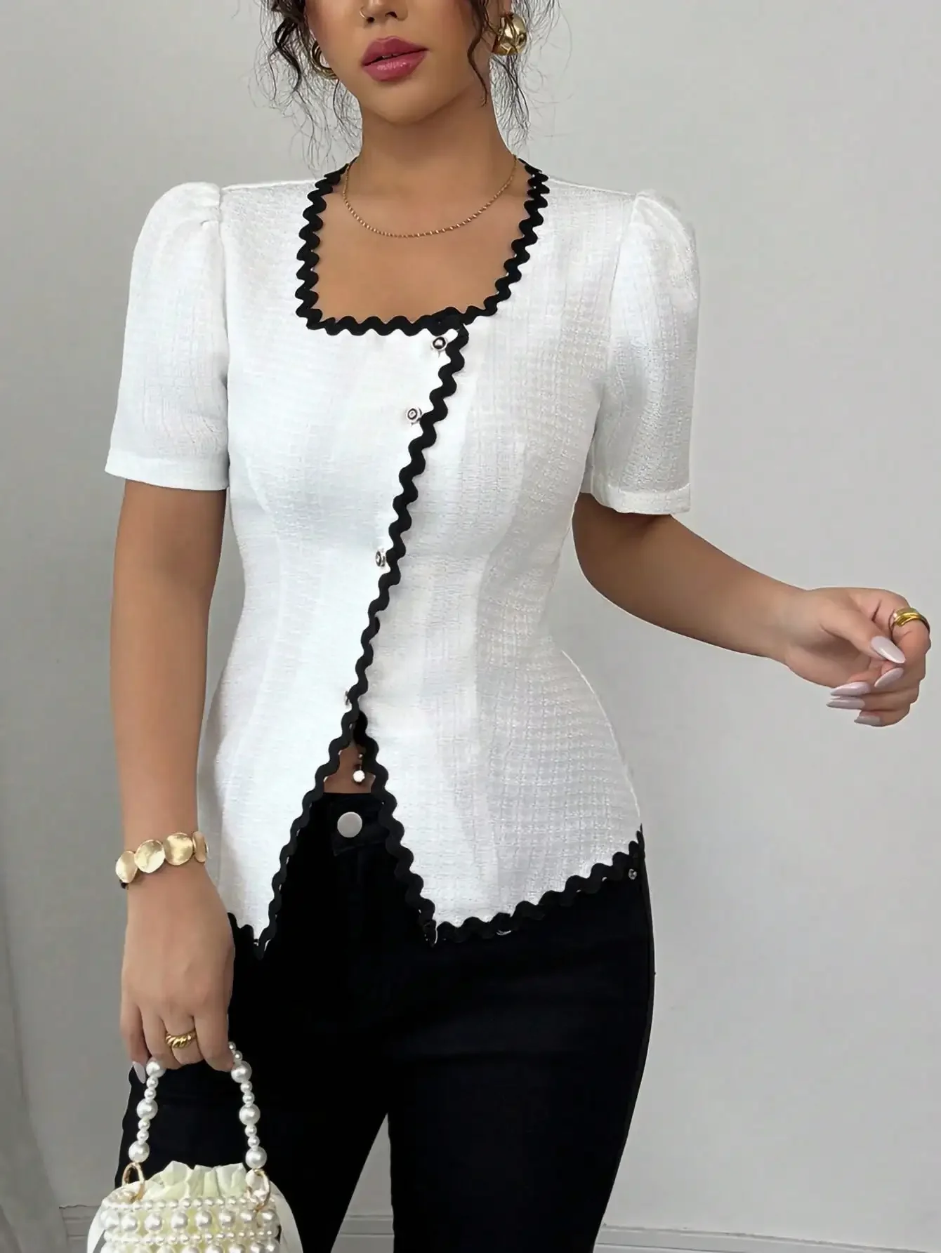 Nice Elegant Square Collar Short-sleeved Small Fragrance Style Black Lace Splicing Irregular Opening Placket Buttoning Women's S