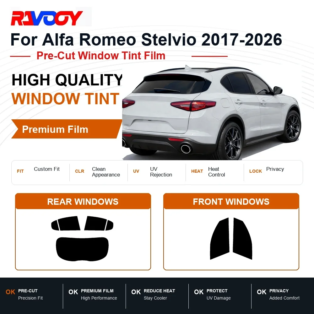 Pellicola Oscurante Premium Pretagliata per Finestrini Alfa Romeo Stelvio 2017-2026 Anteriori e Posteriori, Protezione UV e Privacy