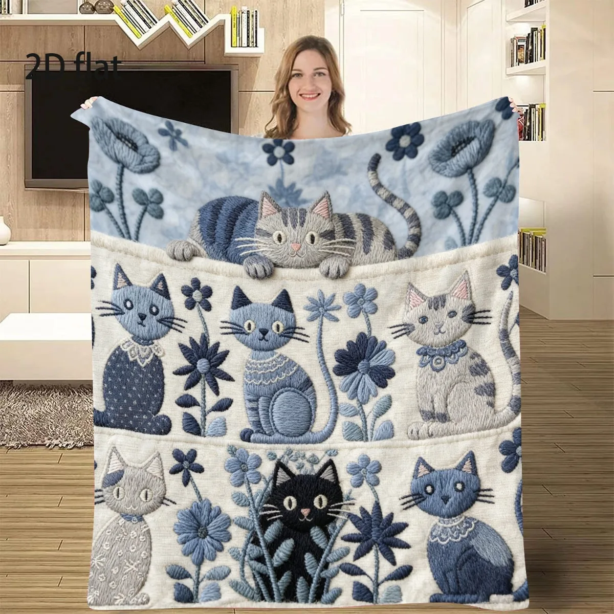 Cute Cat Embroidery Throw Blanket Nursery Decor Plush Pet Lover Gift Cozy Bedding Throw