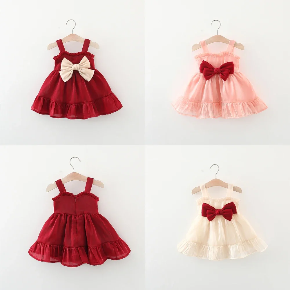 (Girls 0-3 Years Old) New Summer Girls Dress with Lace Bow Ribbon A-Line Dress Birthday Party Dress Solid Color Sweet Princess