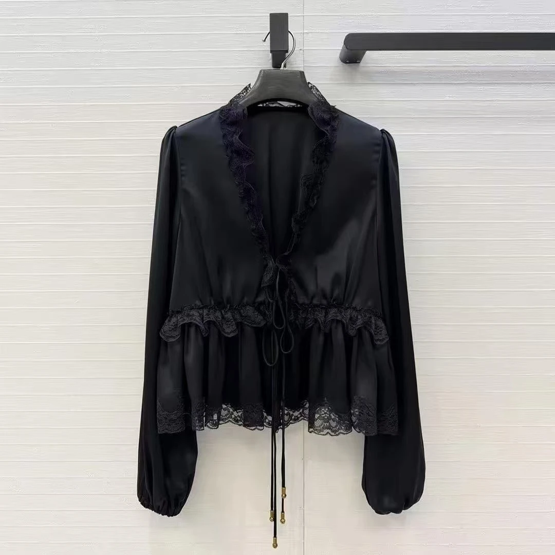 French Elegant Lady Fashion Satin Acetate Blouse Women New Spring Autumn V-neck Lace Up Metal Pendant Long Sleeve Chic Shirt