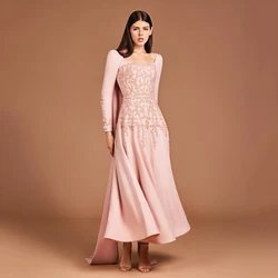 Customized Pink Square Collar Draped A-line Jersey Evening Dress Backless Appliques Sweep Train Ankle Length Party Prom Gown