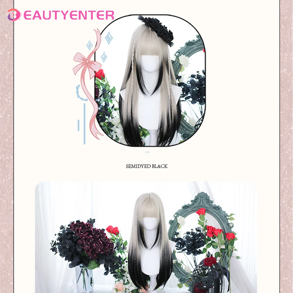 BEAUTYENTERWomen Sintético Lolita Wig Long Straight Ombre Two Tone Cabelo Preto Cinza Prateado Para Cosplay Com Franja