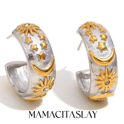 MamacitaSlay Stainless Steel 18K Gold Plated Zircon Sun Moon Star Earrings Party Trend Mixed Color Waterproof Jewelry Gift